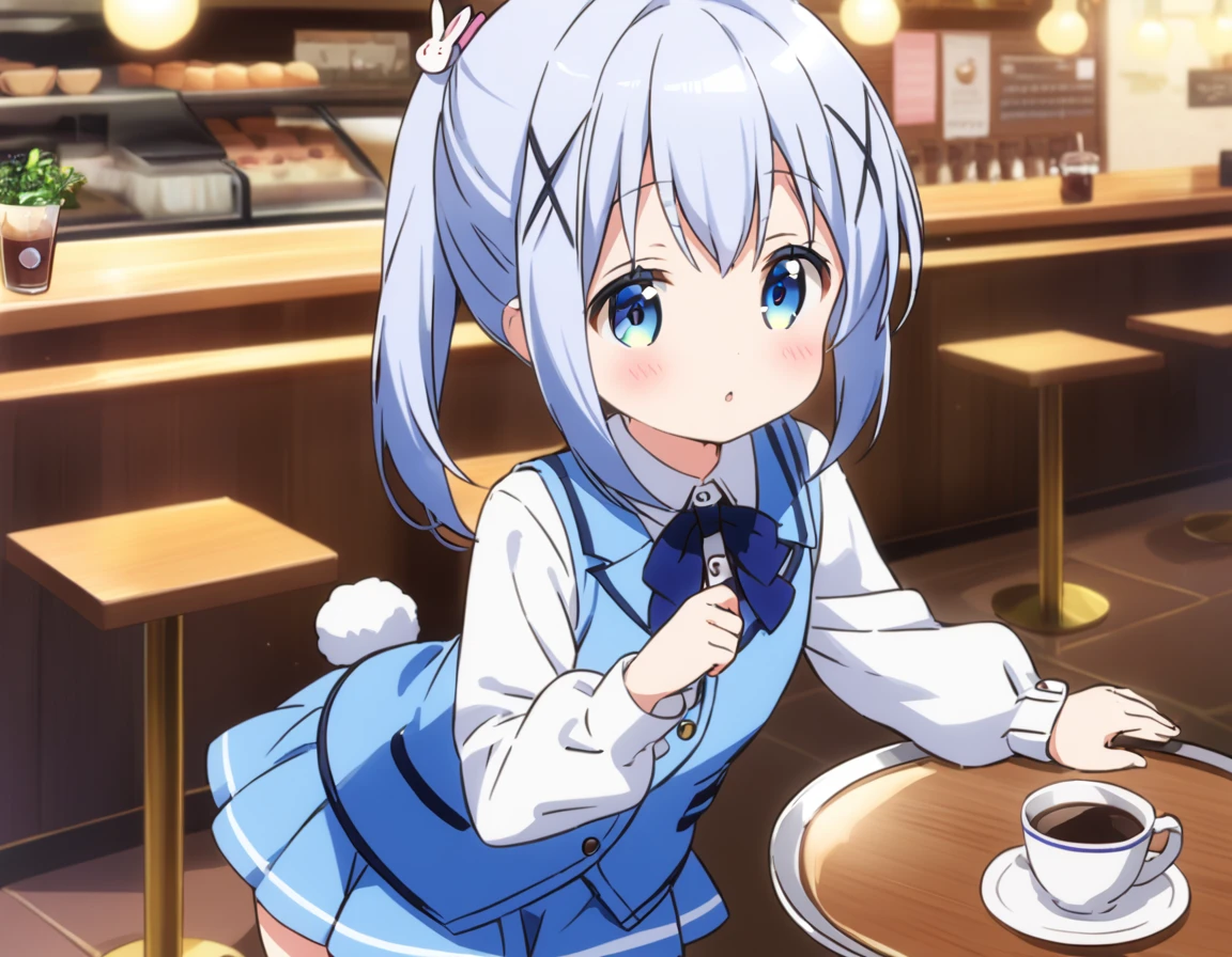 chino, best quality,perfect face, shining eyes, cafe,put a tray of coffee on the table,****,kawaii,cute,full body,blue vest,short skirt,rabbit ornaments, leaning forward,from front view