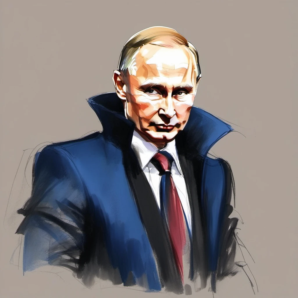 sketch of Vladimir Putin in an King costume, fighting posture, stern face