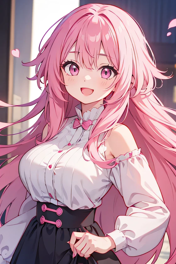 girl, cute anime girl, smiling, open mouth, beautiful hair style, pink hair, long hair, messy hair, big eyes, pink eyes, big tits