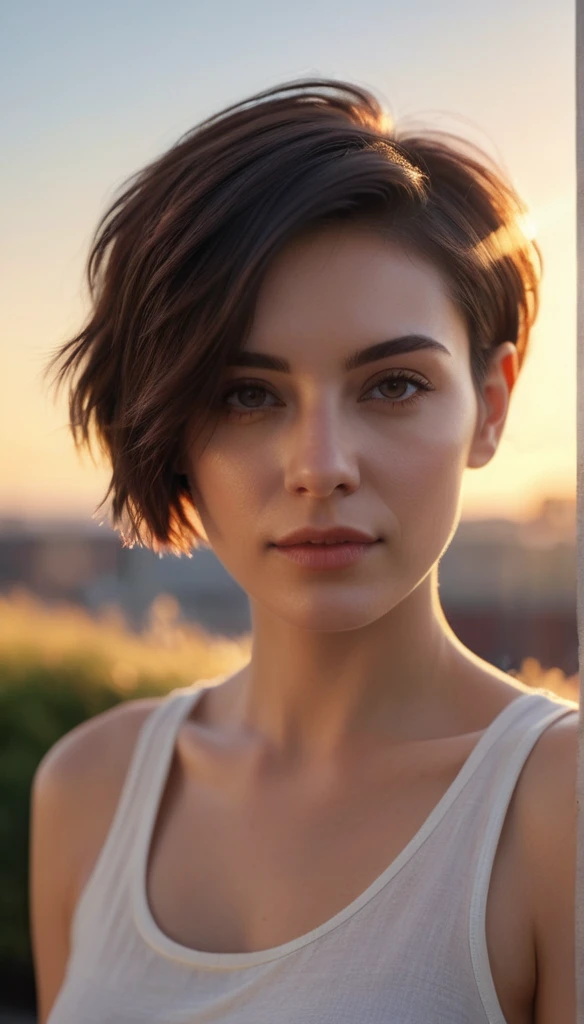 realistic photo, lots of details, sunrise time portrait, young woman, very short hair, asymmetrical hairstyle, night, face illuminated by the first rays of light , shadow play, realistic photography, uhd, 8k, shallow depth of field