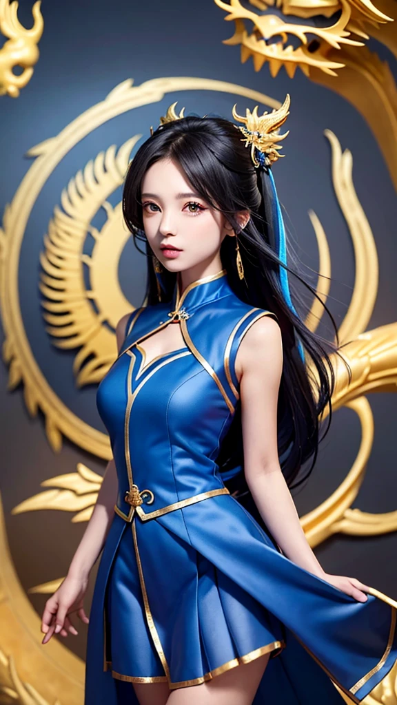 Excellent, masterpiece, black hair, blue dress, looking up, upper body, hair, fair skin, emanation, golden dragon, blue theme, skirt