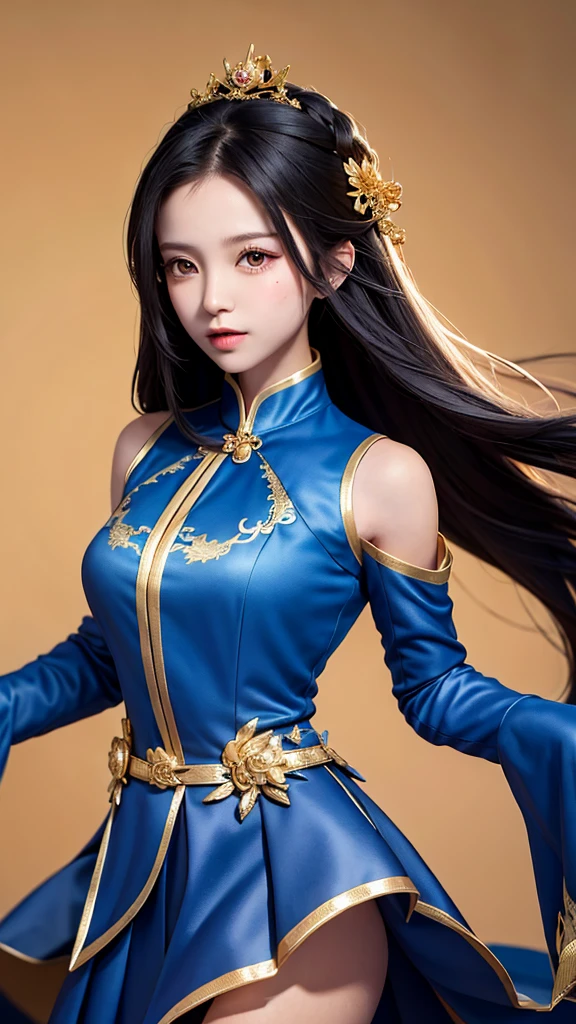 Excellent, masterpiece, black hair, blue dress, looking up, upper body, hair, fair skin, emanation, golden dragon, blue theme, skirt
