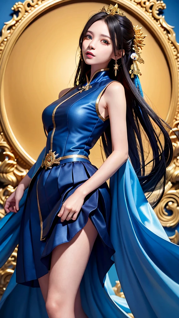 Excellent, masterpiece, black hair, blue dress, looking up, upper body, hair, fair skin, emanation, golden dragon, blue theme, skirt