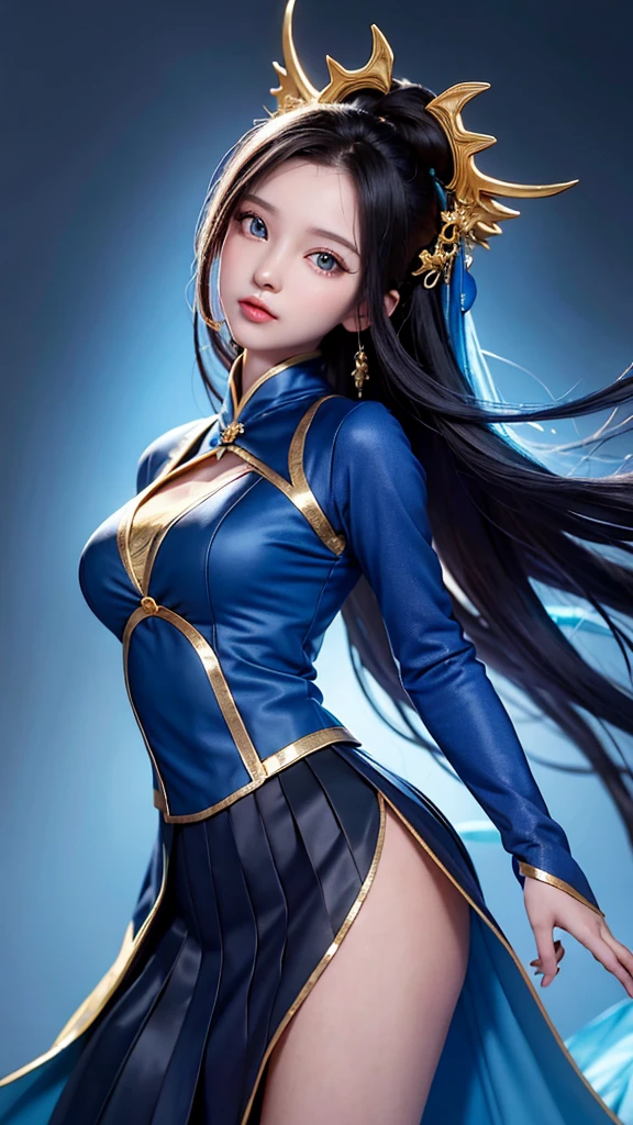Excellent, masterpiece, black hair, blue dress, looking up, upper body, hair, fair skin, emanation, golden dragon, blue theme, skirt