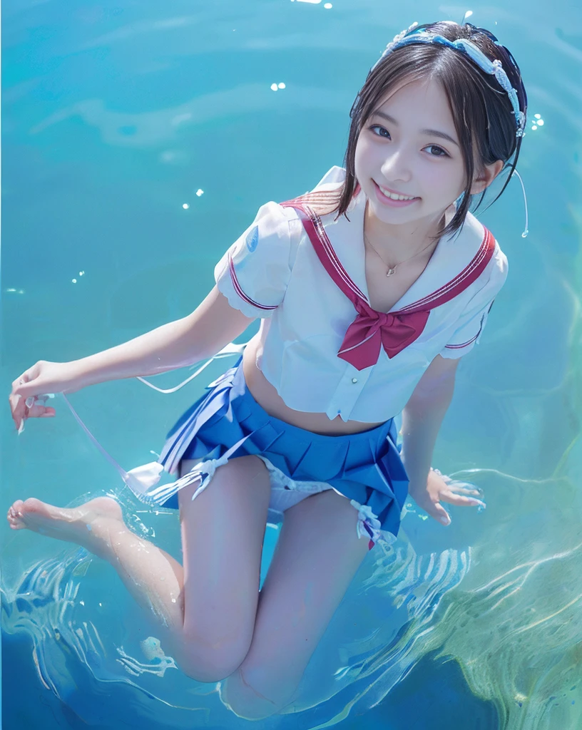 (NFSW)、(High resolution:1.5)、Highest quality,Very detailed,masterpiece,Super detailed,alone,(One 12 year old girl),((Summer School Uniforms:1.5)), Seraphim, ((skirt:1.5)), smile, Thigh fetish images: 1.5、(((barefoot)))、(Her thighs and white bikini reflected in the clear blue water)、(reflected in water:1.5)、((I can see the white string panties:1.5))、(Cleavage)、((Clear blue seawater))、Summer sun、はしゃいだsmile、Beautiful Eyes、(pull-out-panties)、(Panties on knees)、Big necklace and tiara、The water is marine blue、