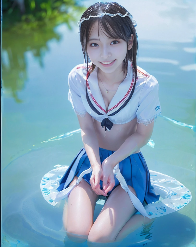 (NFSW)、(High resolution:1.5)、Highest quality,Very detailed,masterpiece,Super detailed,alone,(One 12 year old girl),((Summer School Uniforms:1.5)), Seraphim, ((skirt:1.5)), smile, Thigh fetish images: 1.5、(((barefoot)))、(Her thighs and white bikini reflected in the clear blue water)、(reflected in water:1.5)、((I can see the white string panties:1.5))、(Cleavage)、((Clear blue seawater))、Summer sun、はしゃいだsmile、Beautiful Eyes、(pull-out-panties)、(Panties on knees)、Big necklace and tiara、The water is marine blue、