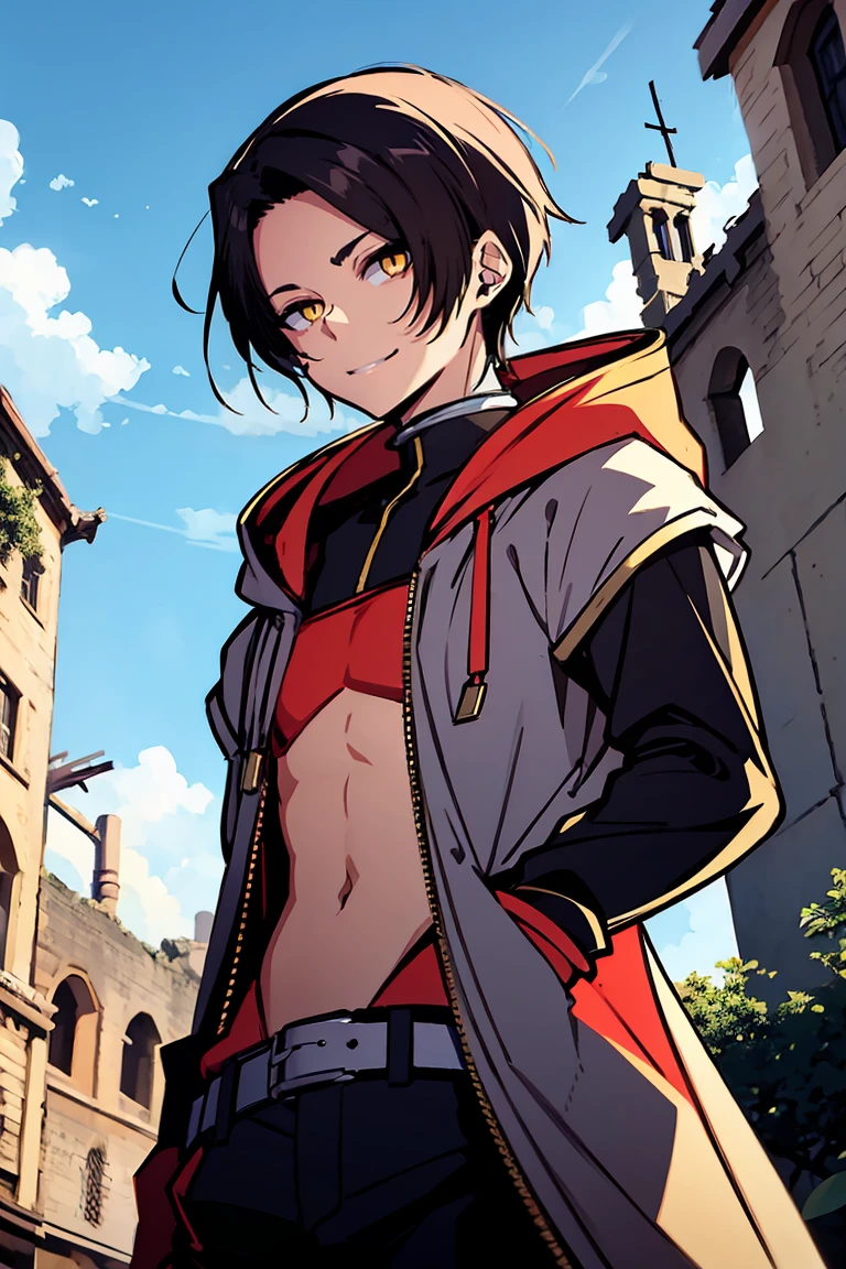 hui xiyi, rekkyou sensen, rekkyo sensen, black hair, yellow eyes, boy, male, hoodies, long sleeves, belly button, black pants, background with((fantasy world, ruin, castle, beautiful sky, shining sky, sunshine))