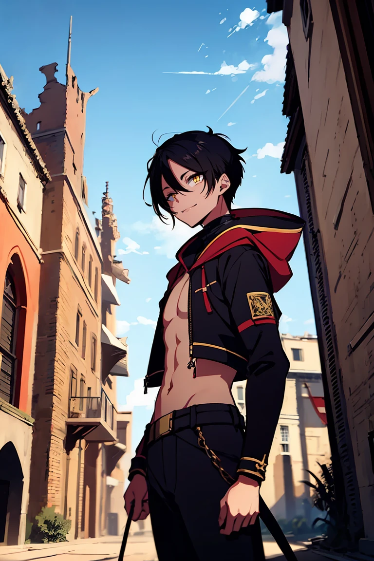 hui xiyi, rekkyou sensen, rekkyo sensen, black hair, yellow eyes, boy, male, hoodies, long sleeves, belly button, black pants, background with((fantasy world, ruin, castle, beautiful sky, shining sky, sunshine))