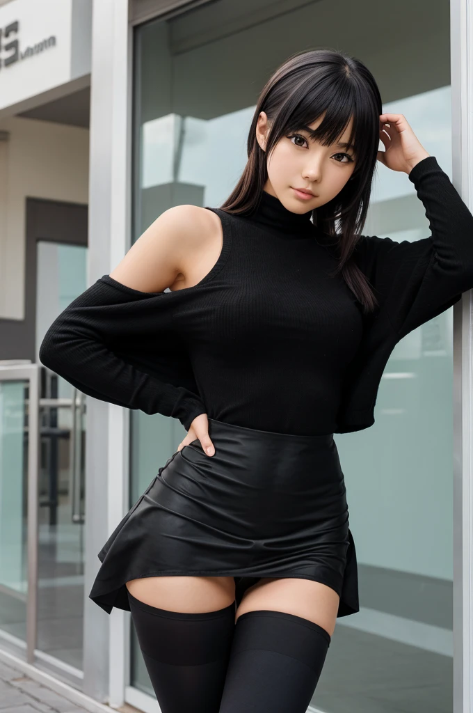 An anime girl fully covered in black tights except for the head 
