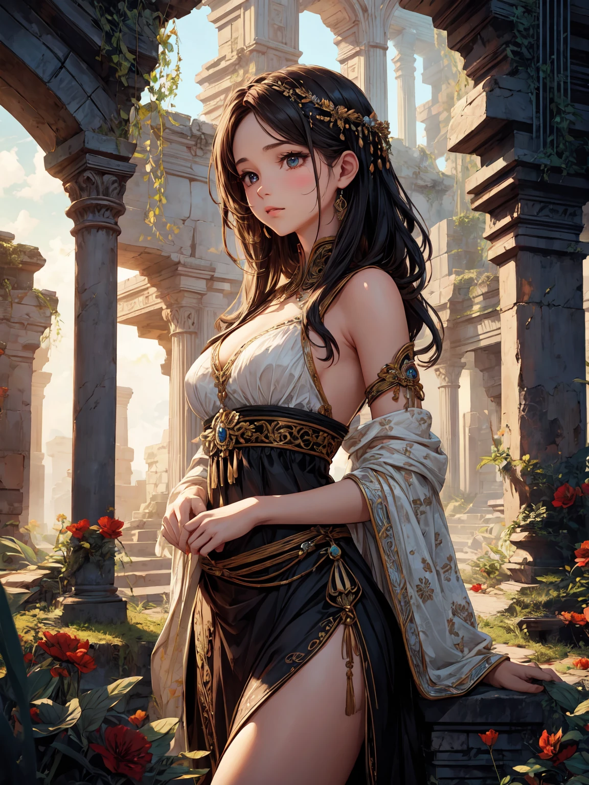 1 girl, ancient american civilization, summer solstice, intricate details, 8k, hyperrealistic, detailed facial features, beautiful detailed eyes, beautiful detailed lips, extremely detailed face, long eyelashes, photorealistic, dramatic lighting, warm color tones, glowing skin, detailed clothing, flowing hair, serene expression, ancient ruins, overgrown vegetation, sunbeams, atmospheric haze, intricate architectural elements, dusty textures, vibrant colors, cinematic composition, masterpiece