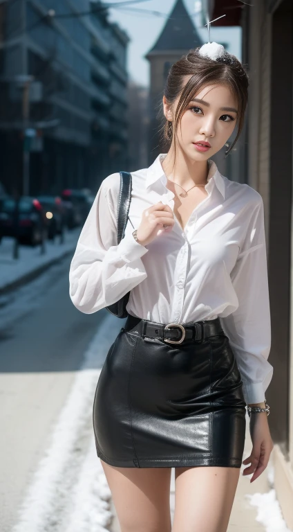 1 girl, Korean model, extremely beautiful, perfect body. Photo taken with Canon EOS R5 85mm f/11 Camera, ((sharp)) mode of people and surrounding scenery. Image quality ((8K)), ((lifelike)), ((masterpiece)), ((sharp and highest contrast)), ((great depth of field)), ((light stereolithography)).
Panoramic photo, wearing earrings, necklace, belt, ((thin shirt)), ((shiny leather skirt)), high heels, bracelets, street, ((white snow)), cold wind , frosty, bitter cold, numb, ((frozen)), snowflakes, lonely, magical, dreamy, waiting, ((hope)), ((church)).