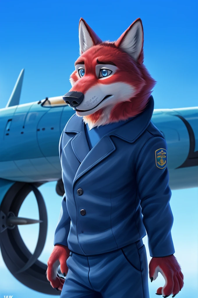 Ivan Wolfbach (Almaty, Kazakhstan),high,Beautiful,slim,24 years,wolf, red fur,high Beautiful wolf, 24 years,(red body:1.3),beautiful blue eyes,Almaty, Kazakhstan,Kazakhstan,dressed,Pilot's uniform,pilot's jacket,pilot uniform, stripe, cap, White shirt, captain's shoulder straps, tie, trousers,canine, wolf, detailed fur, male, antro, paw pads, finger claws, at viewer, 5 fingers, paws, 5 fingers,morning,digital photography, soft focus,a good mood,photorealism, realistic, photorealistic,digital style,from close walks around the city, Very close to the camera, digital photography, улыбка позитив китель White shirt,trousers, shoes, captain's shoulder straps, open mouth laughter,
masterpiece, Best quality, ultra realistic, 8 k)