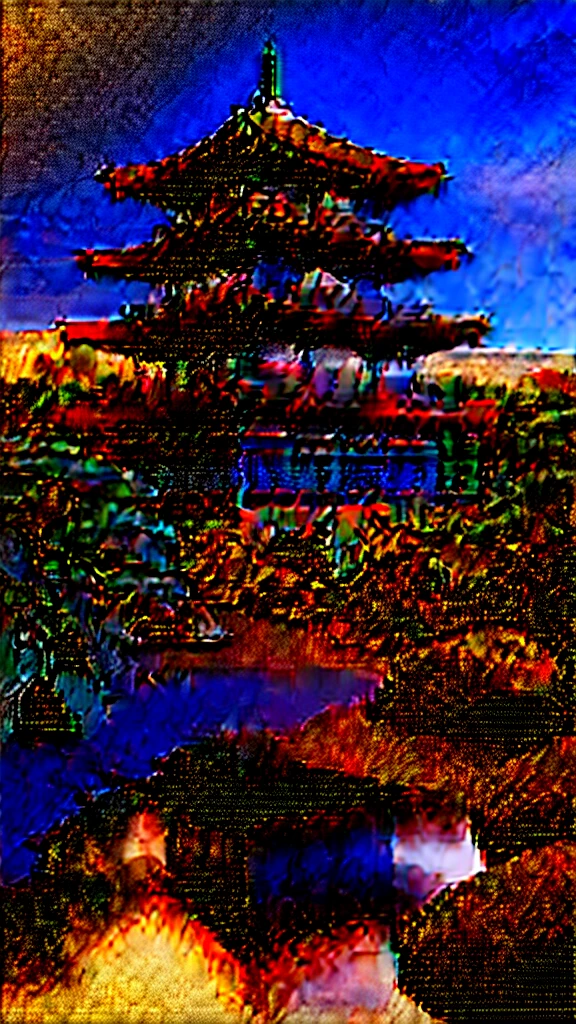 Famous Kyoto site engulfed in lava、Otherworldly fantasy landscape、Realistic photo effect、Add more effects