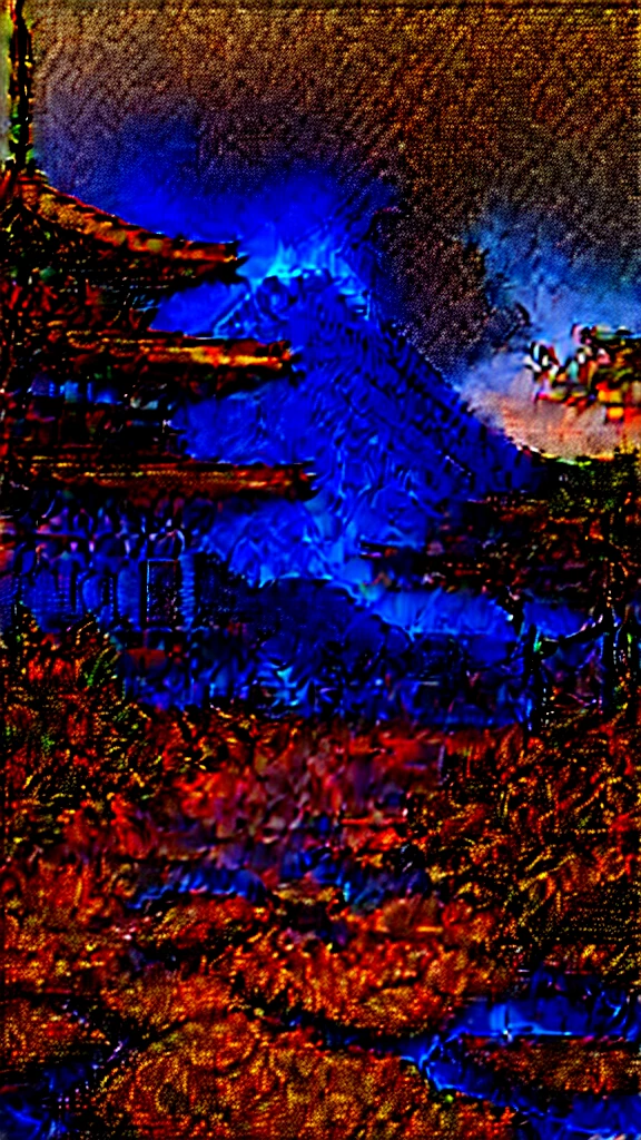 Famous Kyoto site engulfed in lava、Otherworldly fantasy landscape、Realistic photo effect、Add more effects