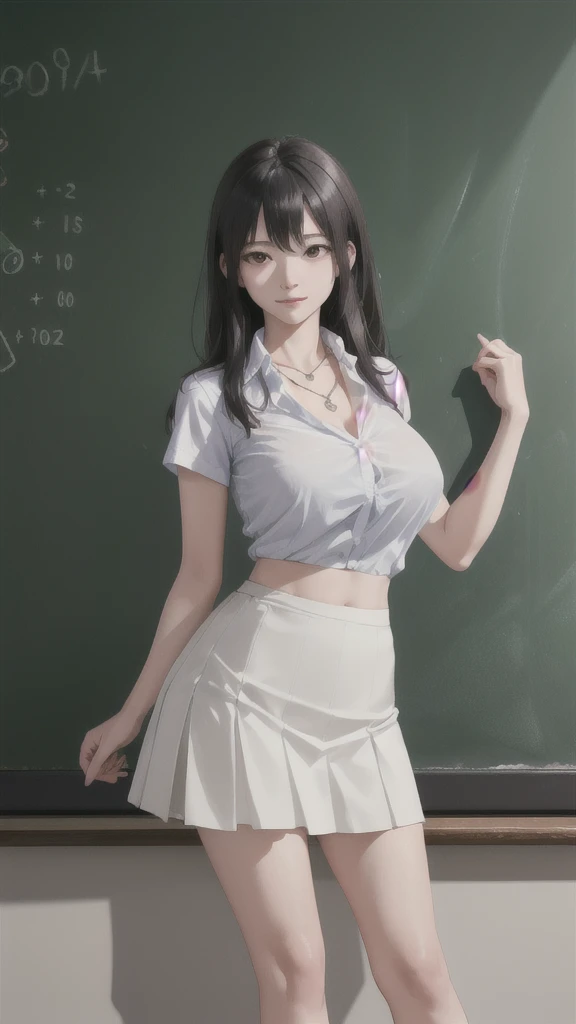 (Highly detailed CG Unity 8k wallpaper)、(masterpiece)、(Highest quality)、(Super detailed)、(Best illustrations)、(Best Shadow)、Ultra-high resolution、(Real、Photorealistic:1.2)、(student teacher:1.4)、Messy medium length hair、(Large Breasts:1.4)、(A neat white shirt and a tight skirt:1.4)、((Stand in front of the blackboard:1.4))、(School classroom:1.4)、(Cute Necklace:1.2)、Puffy eyes、Close-up、Cloudy soft light、(Half Body:1.4)