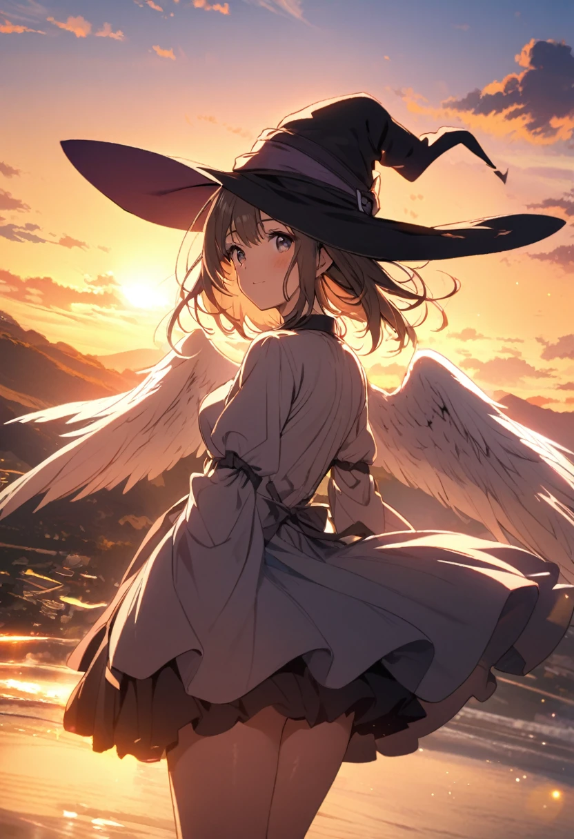 a beautiful woman with a witch's hat, angel wings, sunrise