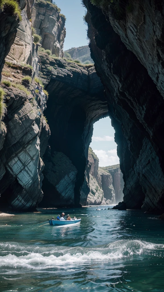 The old man took Kai to a hidden cove where he showed him a small, weathered boat. 4k realistic imagery, blue scenery like a movie scene, old american setting, inspired by blade runner movie scene, blue tone,