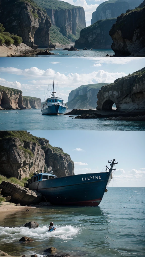 The old man took Kai to a hidden cove where he showed him a small, weathered boat. 4k realistic imagery, blue scenery like a movie scene, old american setting, inspired by blade runner movie scene, blue tone,