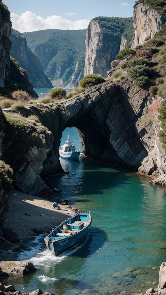The old man took Kai to a hidden cove where he showed him a small, weathered boat. 4k realistic imagery, blue scenery like a movie scene, old american setting, inspired by blade runner movie scene, blue tone,