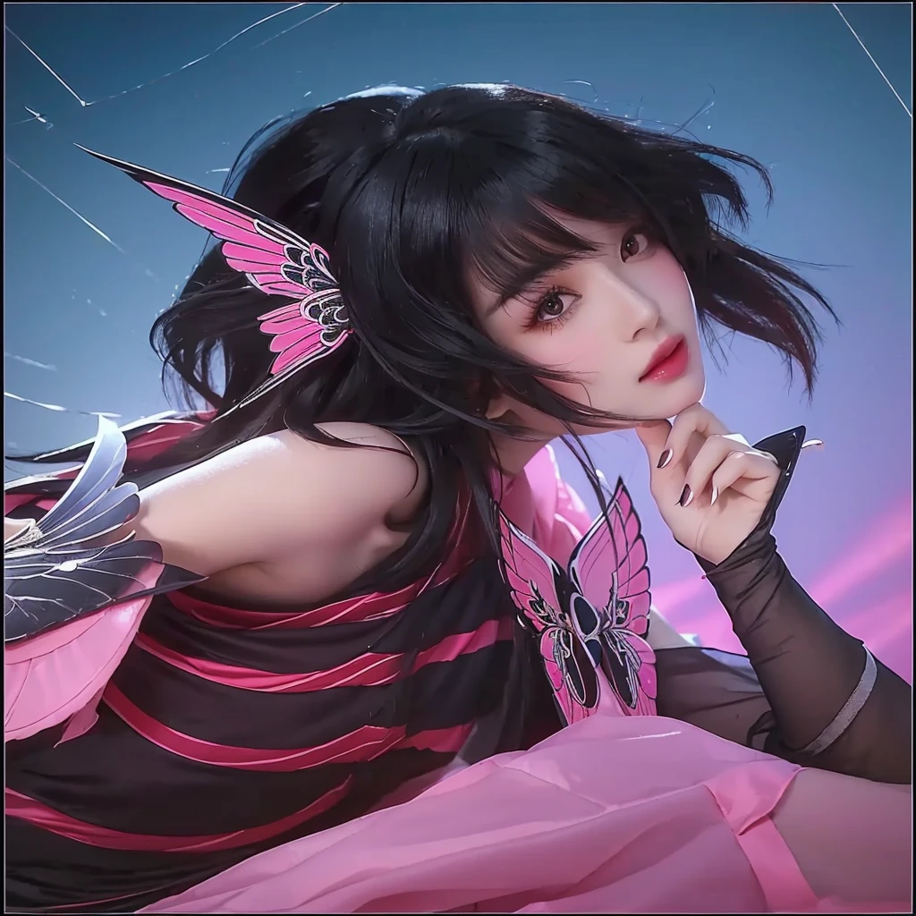 Beautiful girl with black hair and pink wings posing for a picture, extremely detailed