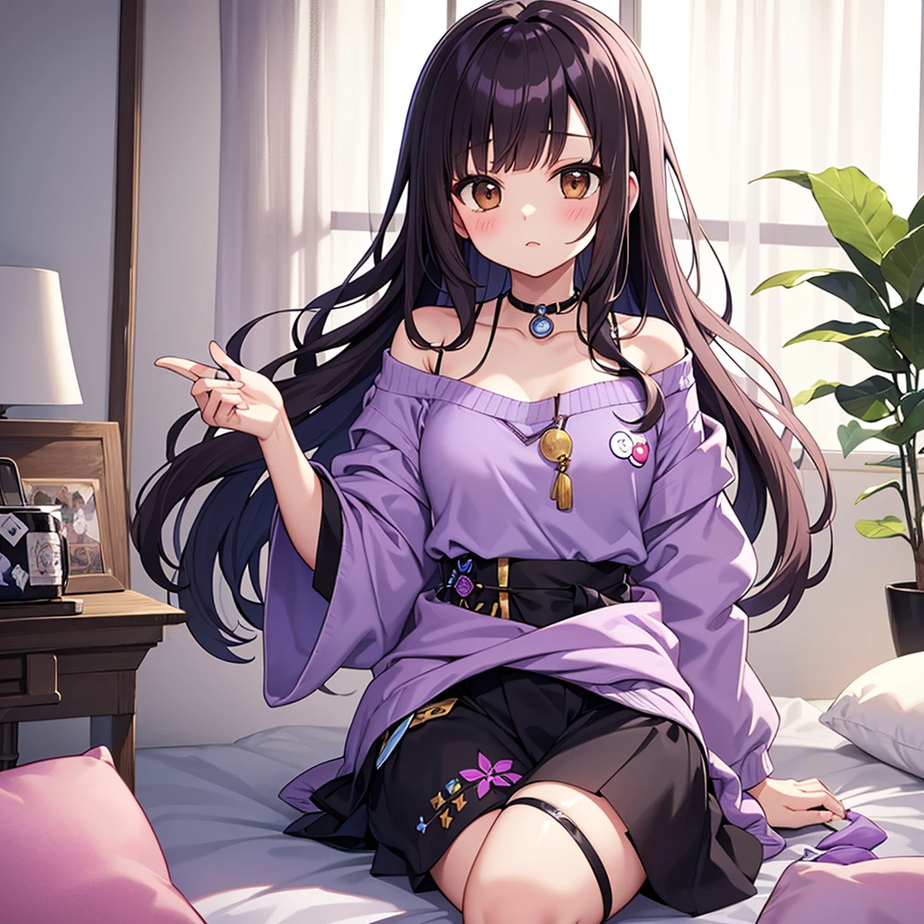 decora kei clothing,((Purple and white shades)),Waist Shot,Soft interior design for dark hair,Brown eyes with bangs