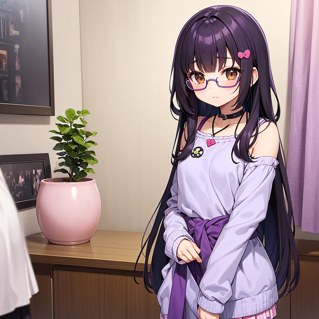 decora kei clothing,((Purple and white shades)),Waist Shot,Soft interior design for dark hair，Brown eyes with bangs