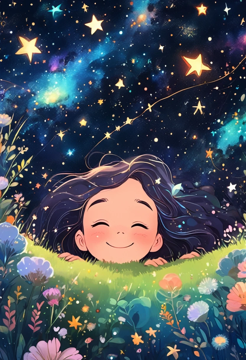 ((ultra detailed face)),forehead,Describe a scene in which a cute girl character is lying on a grassy hill, Look up at the starry sky. Surround her with colorful nebulae and her favorite constellations.(((big smiling)))