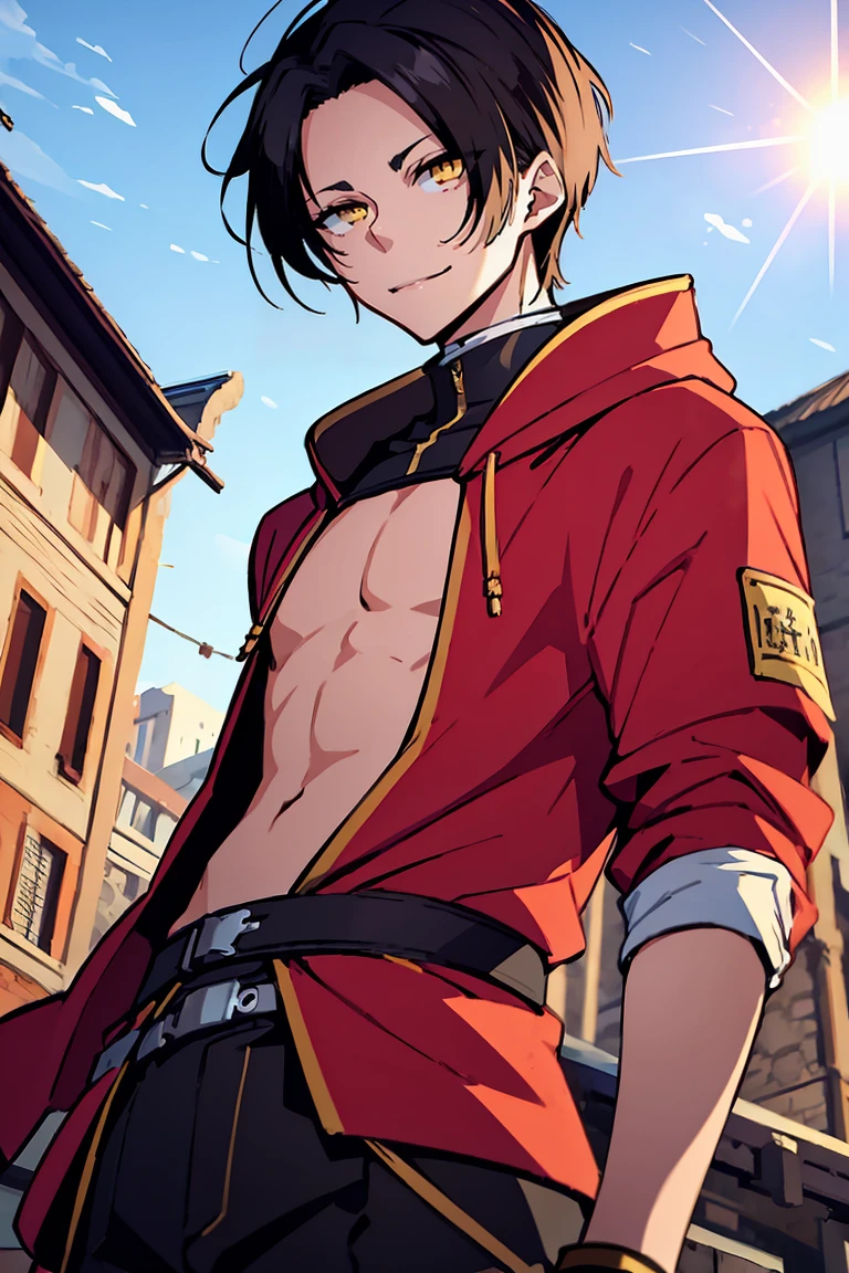 hui xiyi, rekkyou sensen, rekkyo sensen, black hair, yellow eyes, boy, male, red clothes, hoodies, long sleeves, belly button, black pants, background with((fantasy world, ruin, castle, beautiful sky, shining sky, sunshine))