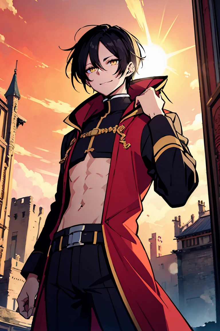 hui xiyi, rekkyou sensen, rekkyo sensen, black hair, yellow eyes, boy, male, red clothes, hoodies, long sleeves, belly button, black pants, background with((fantasy world, ruin, castle, beautiful sky, shining sky, sunshine))