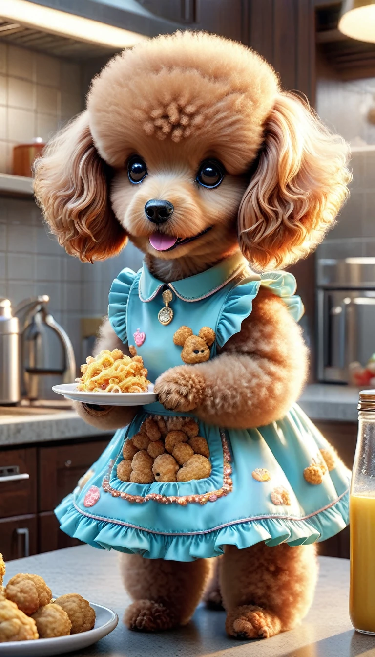 "there are two poodle wearing a cute dress that are eating food on the counter,one big and one is little with photorealistic lighting, with garfield the cartoon poodle, photorealistic screenshot, high quality photorealism, photo realistic style, hyper realistic content, food commercial 4 k, snapchat photo, a photorealistic rendering, hyperreal rendering, photo realistic image, realistic 3 d style, photorealistic picture, ginger poodle in mid action"