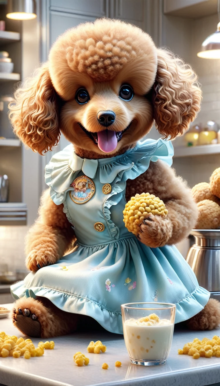 "there are two poodle wearing a cute dress that are eating food on the counter,one big and one is little with photorealistic lighting, with garfield the cartoon poodle, photorealistic screenshot, high quality photorealism, photo realistic style, hyper realistic content, food commercial 4 k, snapchat photo, a photorealistic rendering, hyperreal rendering, photo realistic image, realistic 3 d style, photorealistic picture, ginger poodle in mid action"