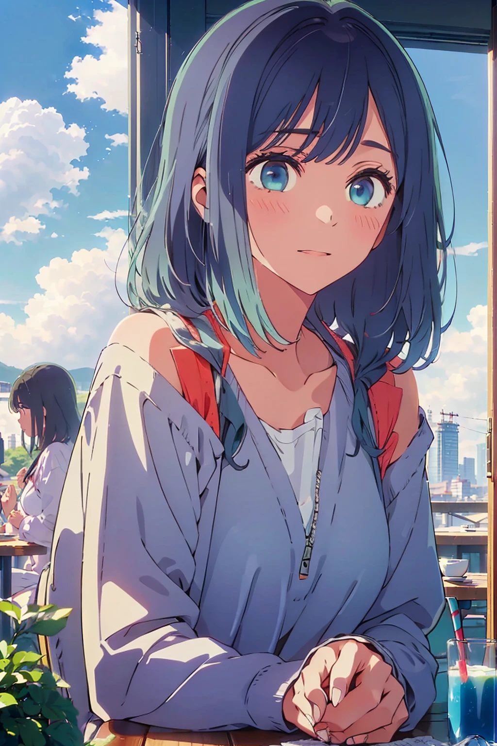 (Highest quality:1.4、8K:1.4、detailed)、F cup bust、Big Breasts、Slim body、Very white beautiful skin、((((1 person、smile、Surprised expression、sit、Chair、In the background are the urban buildings of Tokyo、looking at the camera、Indoor cafe terrace、Navy hair color、Straight Long Hair、juice、table、Shooting up close、Shooting from an angle、Very cute face))))、(Touching cheeks with both hands pose:1.4)、(((nude、Areola)))、Off-the-shoulder zip-up jacket、Nipples、Very blue sky、A completely cloudless sky
