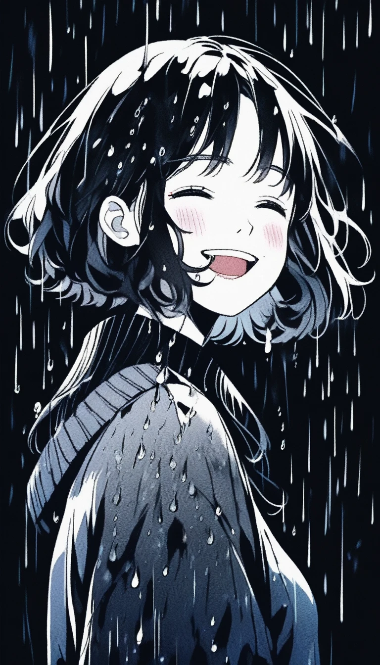 Illustrator, anime , Realistic ,sketch , smile、Laughing with your mouth open、Abstract rain on background、1 girl, ,lip, sweater,order, Black gradient background, black髪,Short Bob、blackｔshirt、Textured Trim, Canadian, (masterpiece,Highest quality) Cancer