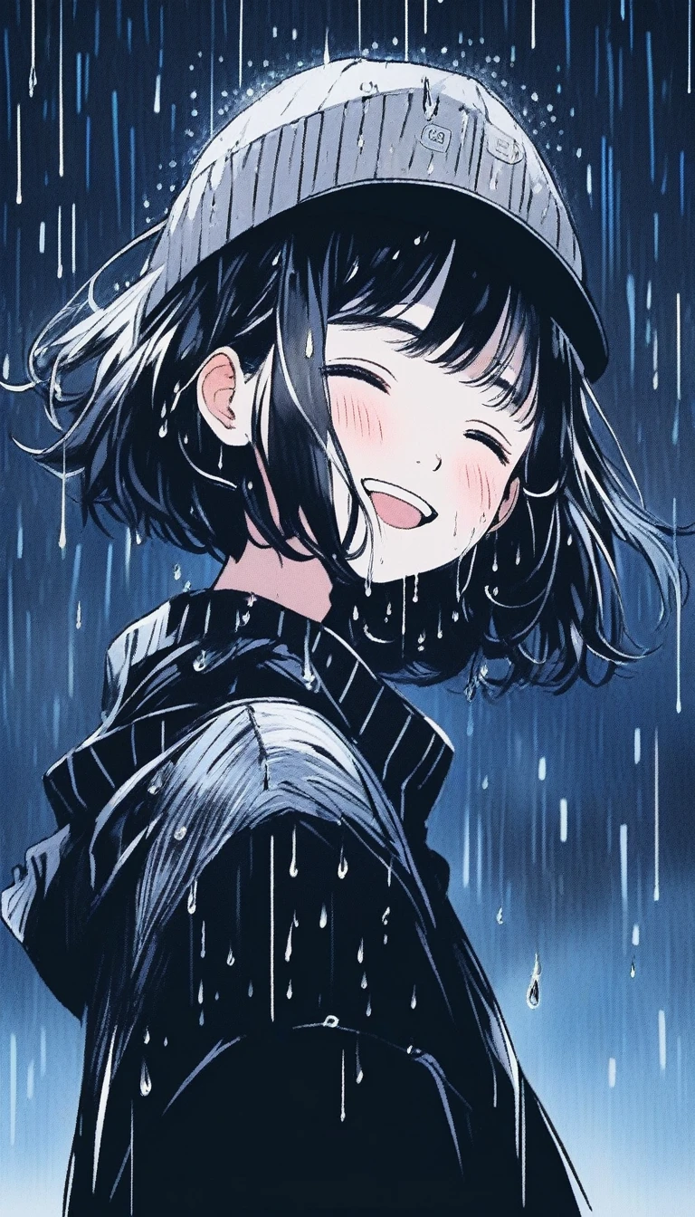 Illustrator, anime , Realistic ,sketch , smile、Laughing with your mouth open、Abstract rain on background、1 girl, ,lip, sweater,order, Black gradient background, black髪,Short Bob、blacktshirt、Textured Trim, Canadian, (masterpiece,Highest quality) Cancer