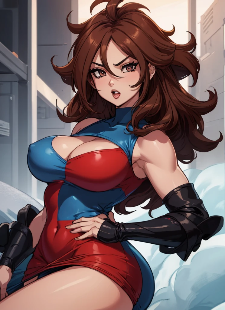 (best quality:1.3), android 21, ), face detailed, face in 8k, perfects eyes, perfect mouth, emphasis on the face, busty, She is on the side, showing the side to the viewer, body is on its side, red and blue dress, Tight dress, very short dress, cleaveage, (brown hair), seductiv, rosto sexly,  sexly, body curvy, big-ass, (short dress), strong legs 