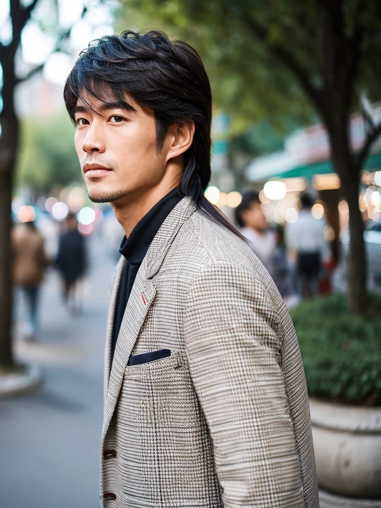 a man with a mullet hair style
a very handsome Asian man
street fashion
The background is a street tree