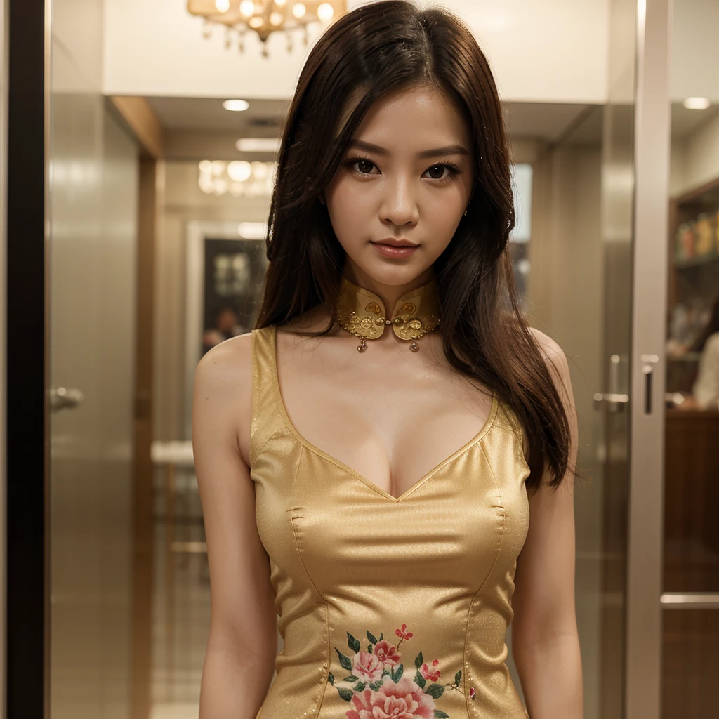 1girl in, 30 years old, Square face, Long hair, Looking at viewer, jewelry, Realistic, Sexy, cheongsam outfit, Chinese background, free pose