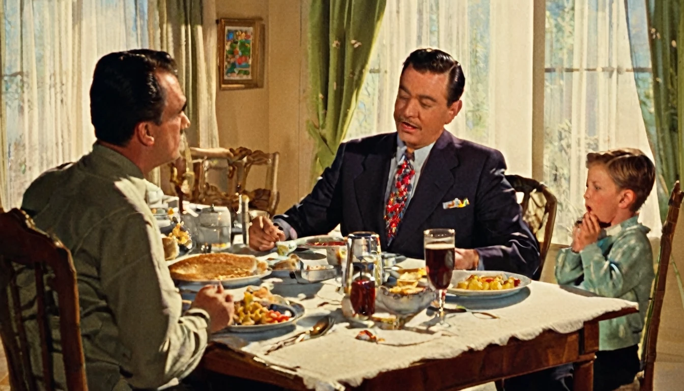 Scene in the living room，Dad is on the left side of the picture，Dad eats on the left side of the table，Window with half-open curtains in the background