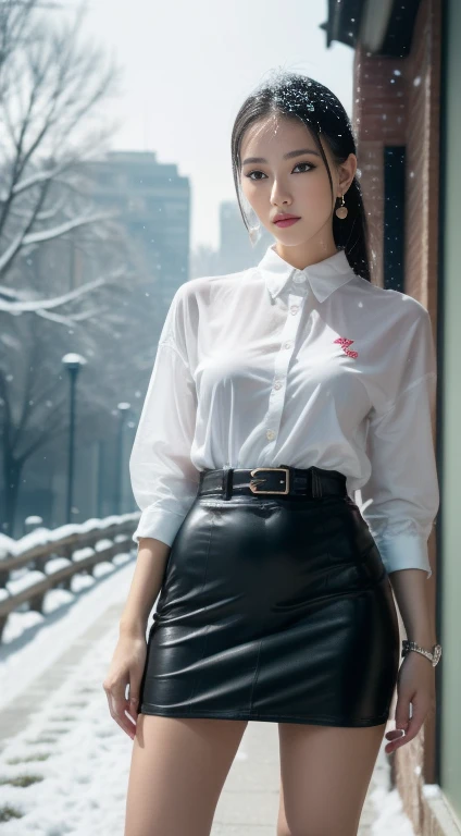 1 girl, Korean model, extremely beautiful, perfect body. Photo taken with Canon EOS R5 85mm f/11 Camera, ((sharp)) mode of people and surrounding scenery. Image quality ((8K)), ((lifelike)), ((masterpiece)), ((sharp and highest contrast)), ((great depth of field)), ((light stereolithography)).
Panoramic photo, wearing earrings, necklace, belt, ((thin shirt)), ((shiny leather skirt)), high heels, bracelets, street, ((white snow)), cold wind , frosty, bitter cold, numb, ((frozen)), snowflakes, lonely, magical, dreamy, waiting, ((hope)), ((church)).