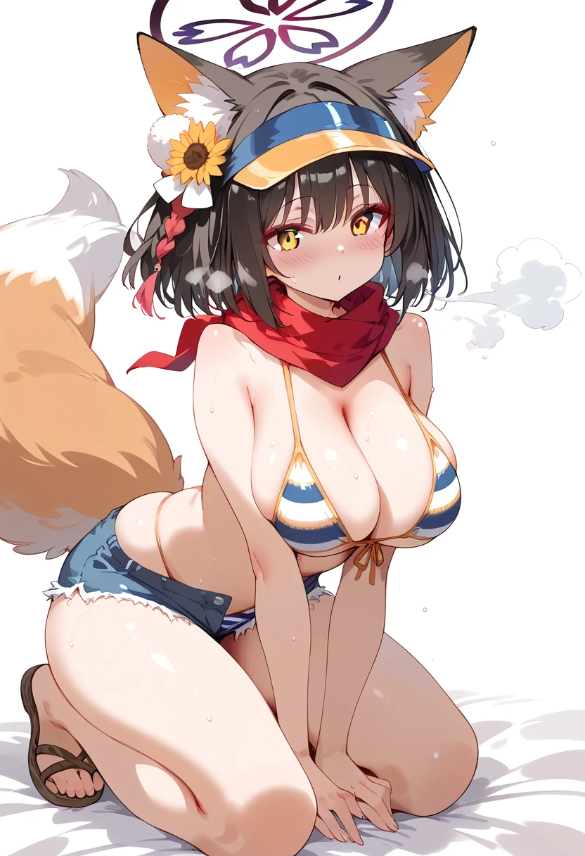 score_9, score_8_up, score_7_up, BREAK source_anime, rating_explicit, best quality, masterpiece, uncensored,1girl,shiny skin,((sweat)),blush,(steam),big breasts,izuna \(blue archive\),yellow eyes, black hair, animal ears, halo,fox tail,bikini,swimsuit,blue shorts,visor cap,scarf,brown sandals