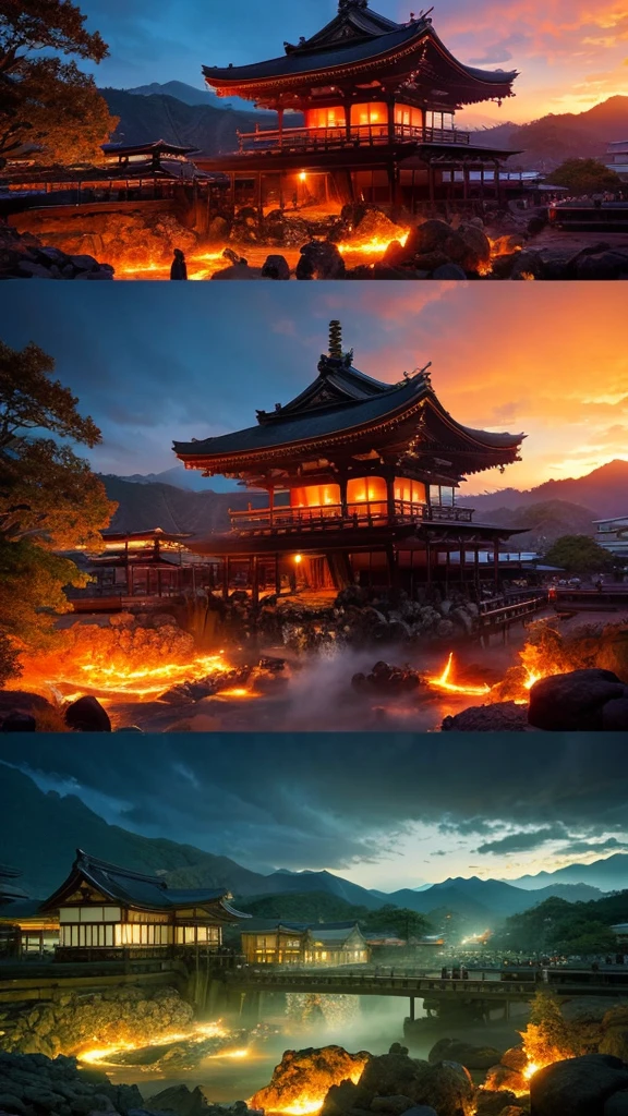 Famous Kyoto site engulfed in lava、Otherworldly fantasy landscape、Realistic photo effect、Add more effects