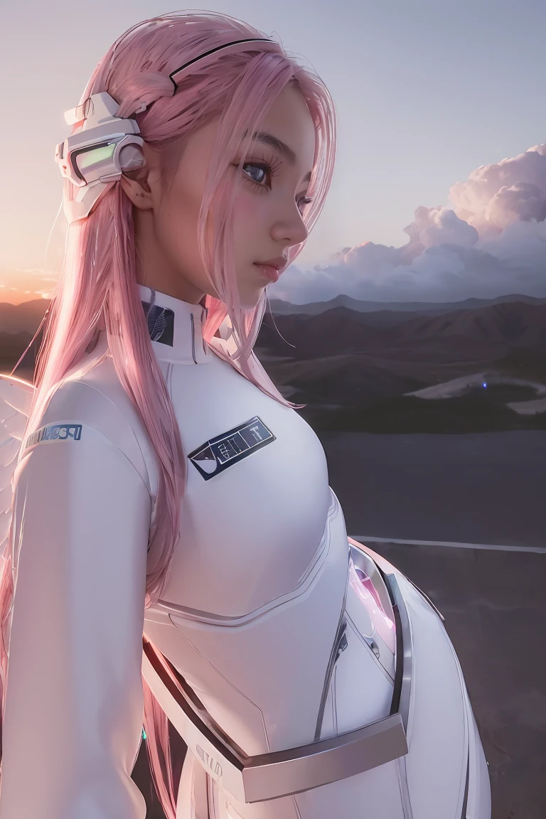 ((masterpiece, best quality, extremely detailed), volumetric lighting, ambient occlusion, colorful, glowing), 
1girl, solo, young girl, (pink hair), long hair, halo, aura, sacred, godness, cyber suit, (white outfit:1.3), android, bot, angel wings,
outdoors, sunset, sky, clouds, space, (cyberpunk theme:1.2),