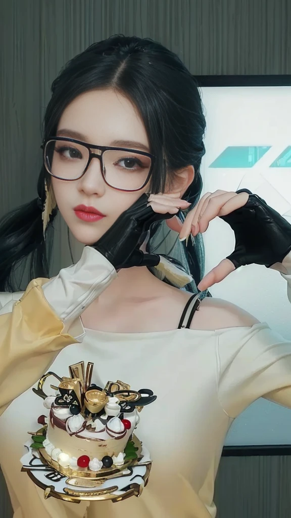 there is a woman with glasses holding a knife and a cake, heavy gesture style closeup, twintails white_gloves, kda, inspired by Sim Sa-jeong, realism artstyle, [ 4 k photorealism ]!!, 2 k aesthetic, [ 4 k photorealism ]!!!, y 2 k aesthetic, y2k aesthetic, [ 4 k photorealism ]