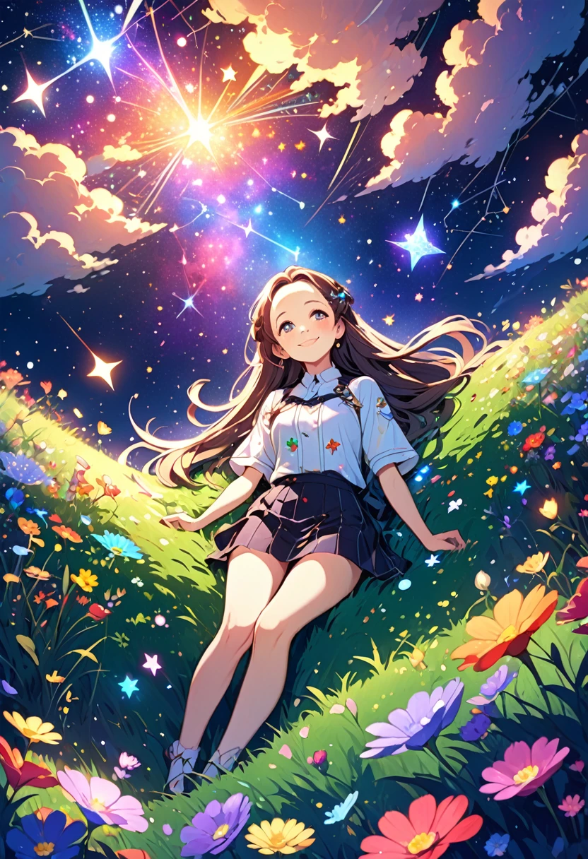 ((ultra detailed face)),forehead,Describe a scene in which a cute girl character is lying on a grassy hill, Look up at the starry sky. Surround her with colorful nebulae and her favorite constellations.(((big smiling)))