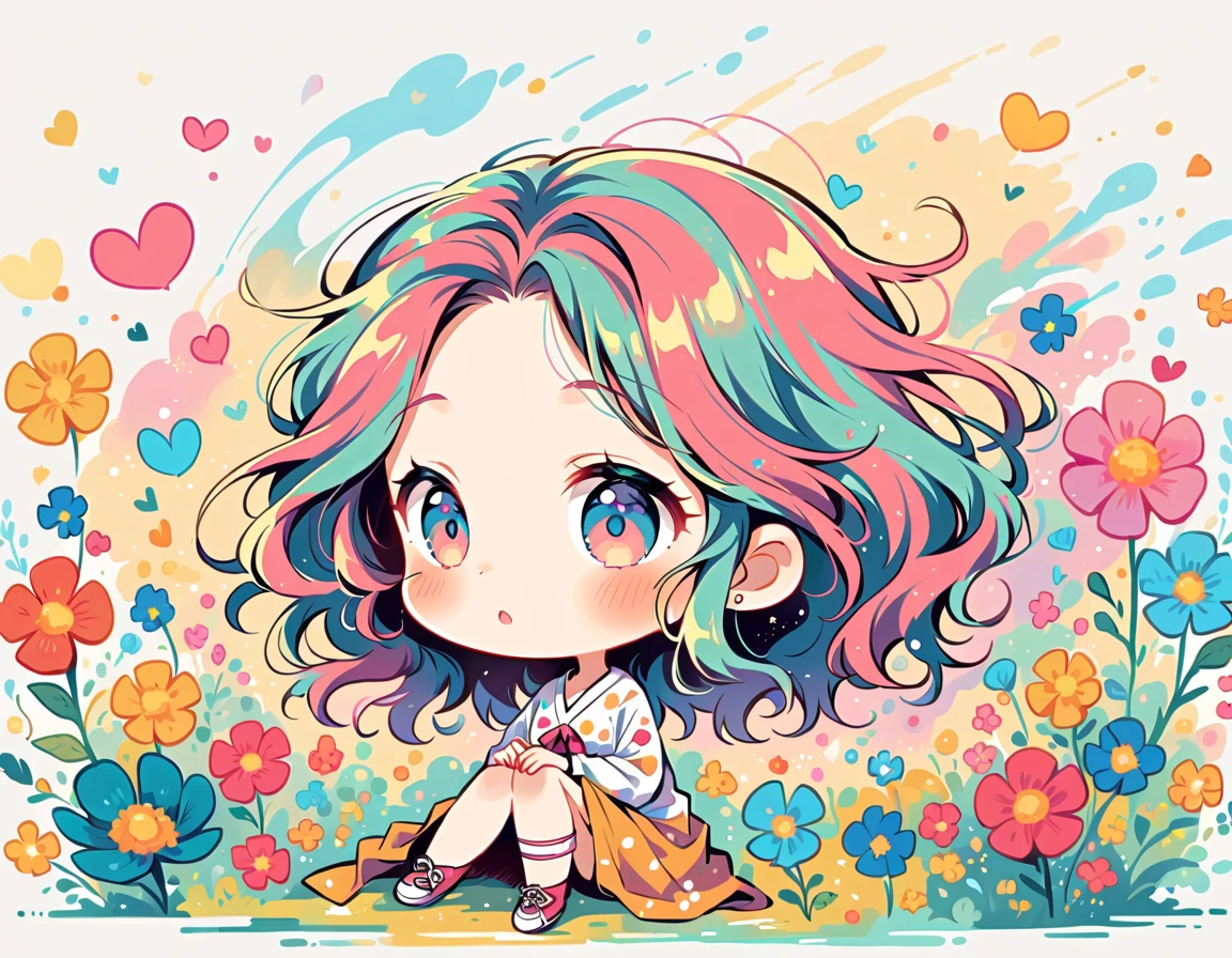 Kei Mochizuki style, Simple Line Initialism，Abstract art，Urban Background, colorful hearts ,colorful flowers, The most beautiful girl of all time, chibi