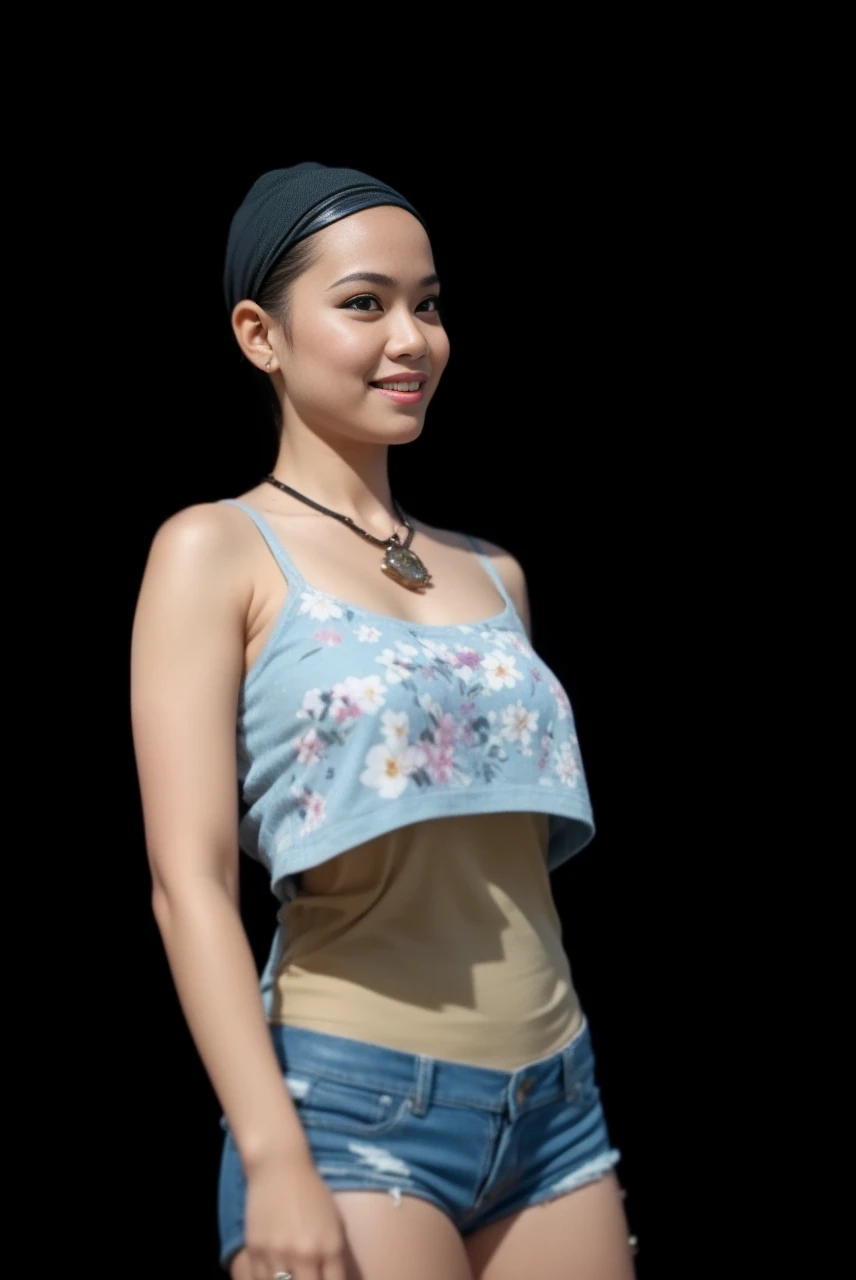 Portrait photography of a beautiful young malay girl in hijab wearing white tank top with yellow leather jacket and white jeans walking, catwalk, httime, mall background, bright lighting, smile and happy gesture,