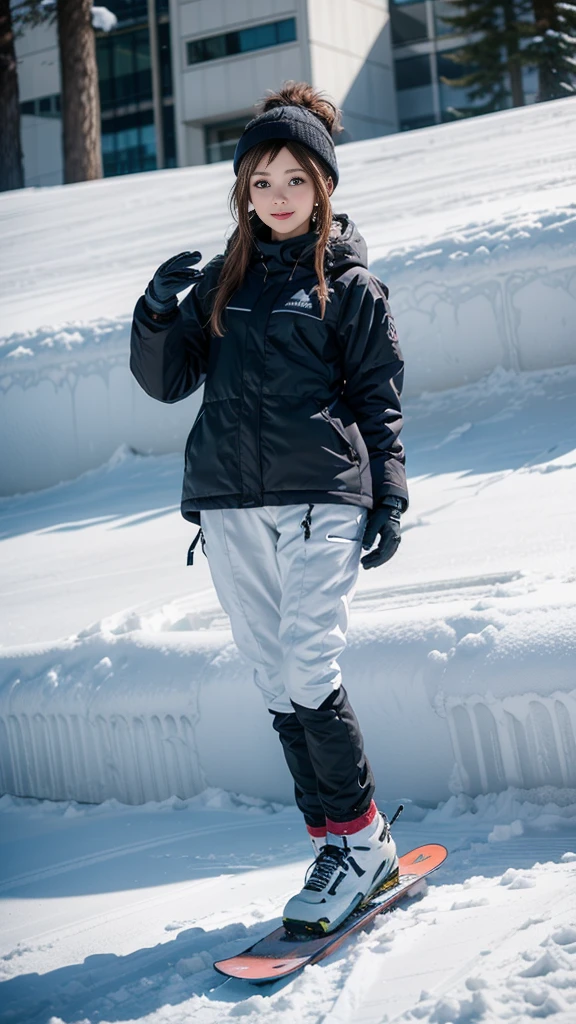 (A beautiful girl snowboarding down the slope), (Outstanding style), ((Perfect Anatomy)), Professional photography techniques, ((Snowboarding wear that attracts attention)), Ultra-detailed, Portrait of a beautiful girl