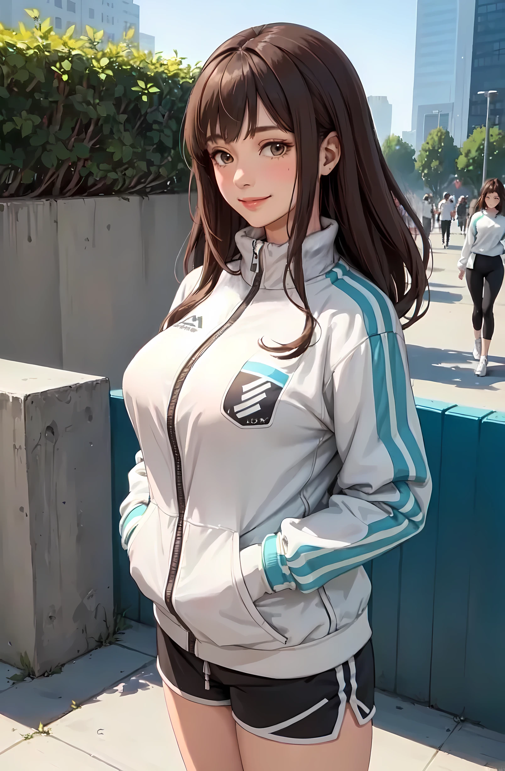 1lady solo, standing, (mature female:0.8), (stylish tracksuit long sleeve) (sports shorts), /(brown hair/) bangs, blush kind smile, (masterpiece best quality:1.2) delicate illustration ultra-detailed, large breasts, (hands in pocket) BREAK /(public park outdoors/), detailed background