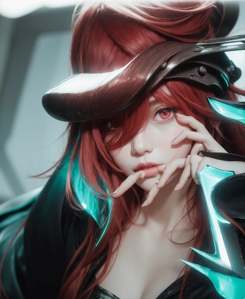 1girl, star eye, blush, perfect illumination, red hair, red eyes, unreal engine, sidelighting, detailed face, bangs, bright skin, simple background, dark background,