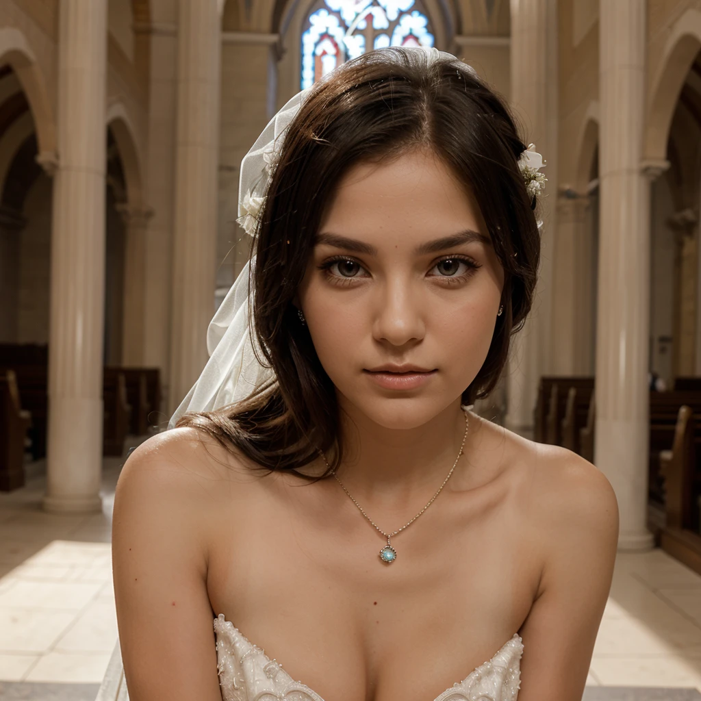 1girl in, 30 years old, Square face, Long hair, Looking at viewer, jewelry, Reality, Sexy, bridal page, church background, free pose